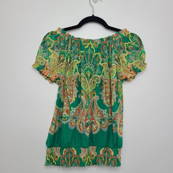 INC Top Blouse Short Sleeve Scoop Neck Smocked Green Ruffled Size Medium … - Picture 10 of 14